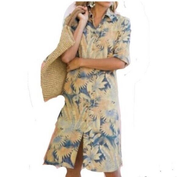 Soft Surroundings Tropical Shirt Dress Petite XS Linen Blend Belted Tie Beach - Picture 1 of 12